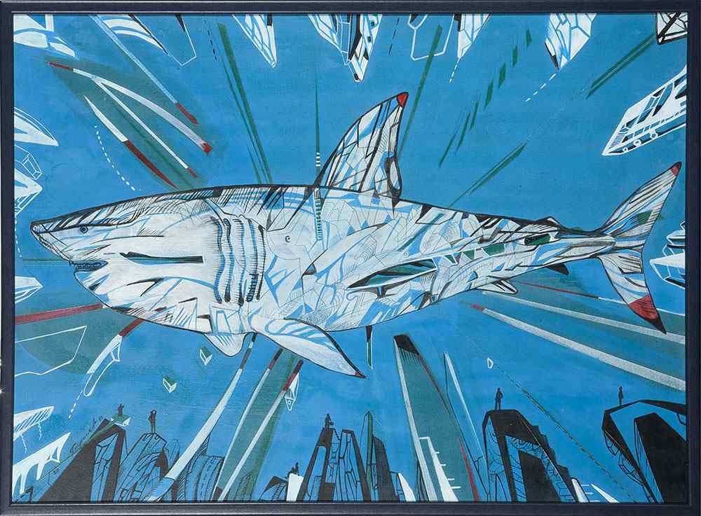 Blue shark, shark painting on board