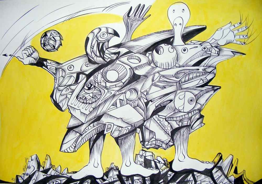 City family, ink on paper, black and yellow drawings