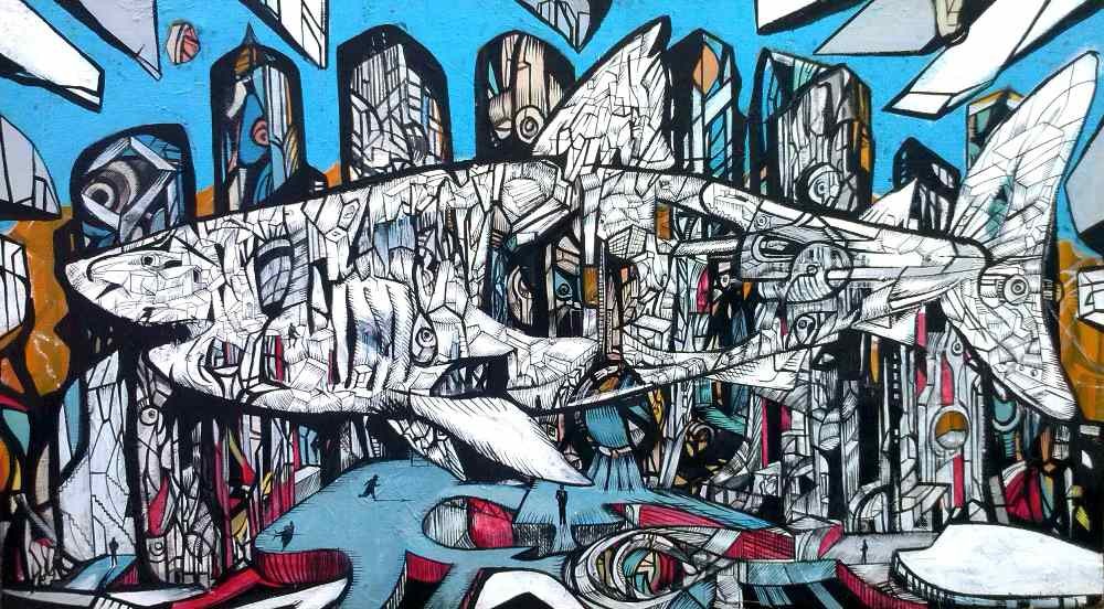 City shark 1, acrylic on canvas, shark paintings series