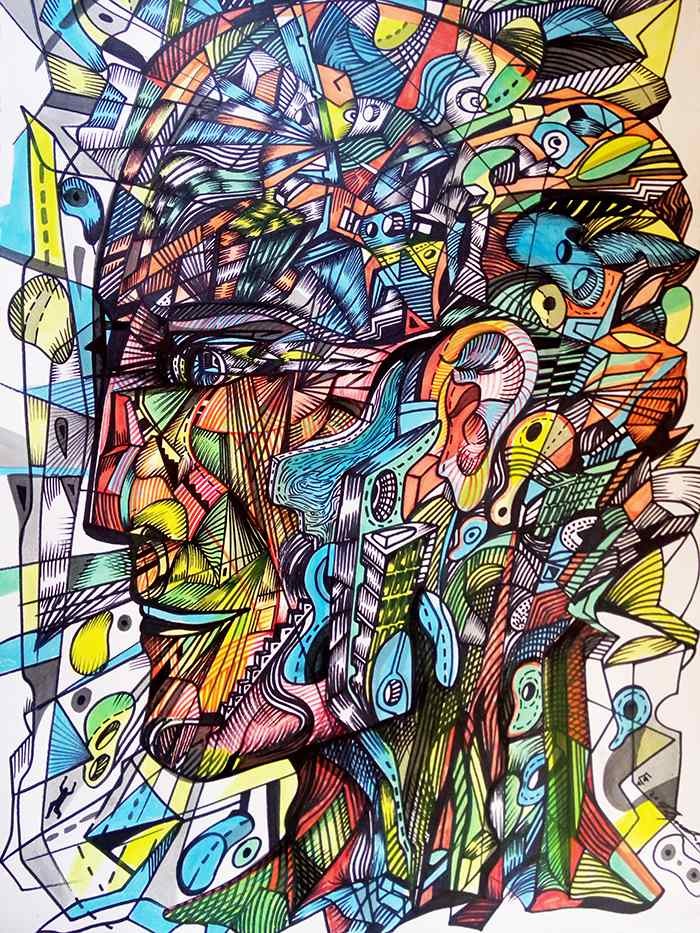 The enlightened man is an acrylic painting of a man's head filled with elements of the city.