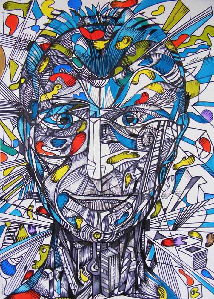 Julies is a portrait of a man with blue lines and colors from the city of man series.