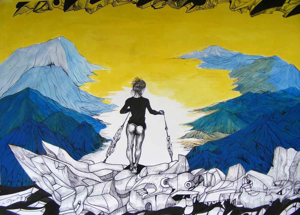 Lady on the hills, ink and yellow acrylic on ppaper