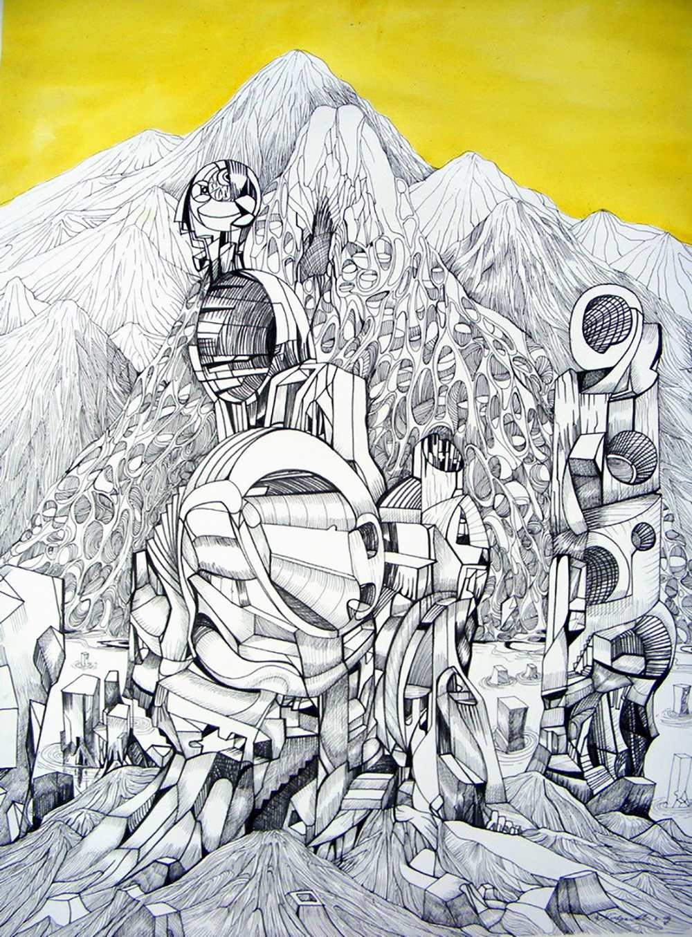 Lost civilisation, ink and yellow acrylic on paper by Marko Gavrilovic 