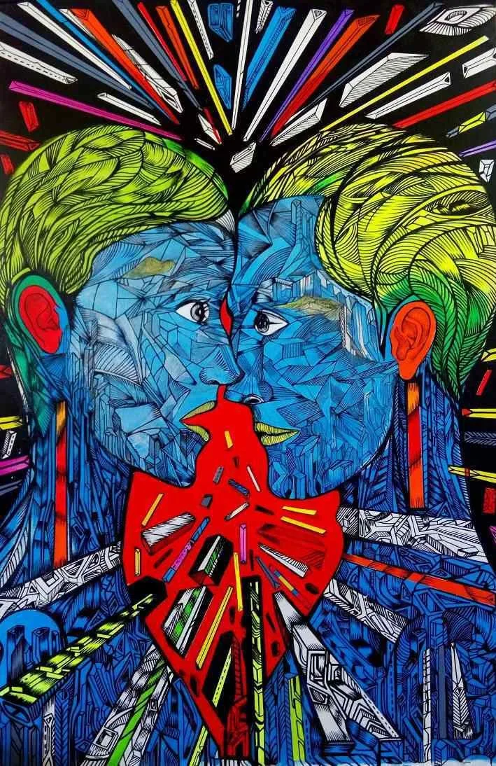 Acrylic painting of a couple in blue color.