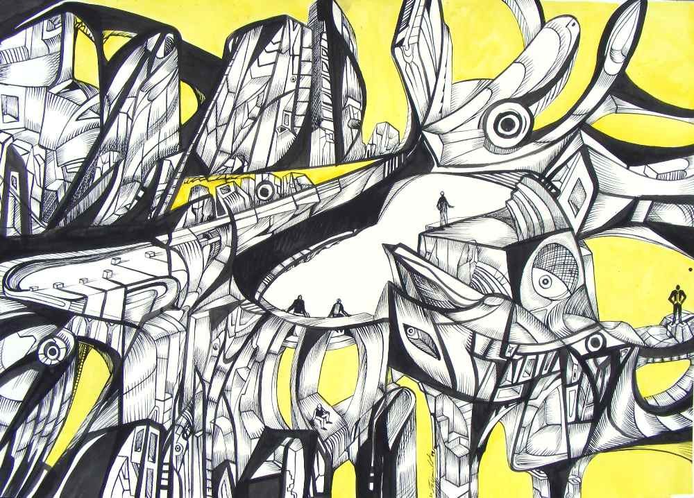 New World creators, ink on paper from black and yellow drawing series.