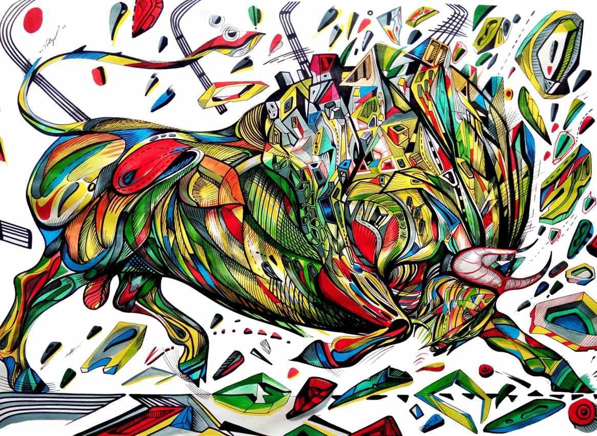src="http://markogavrilovic.com/wp-content/uploads/2015/11/Running-around-running-70-x-100cm-acrylic-on-canvas-marko-gavrilovic.jpg" alt="Bull in run, colorful painting"/>