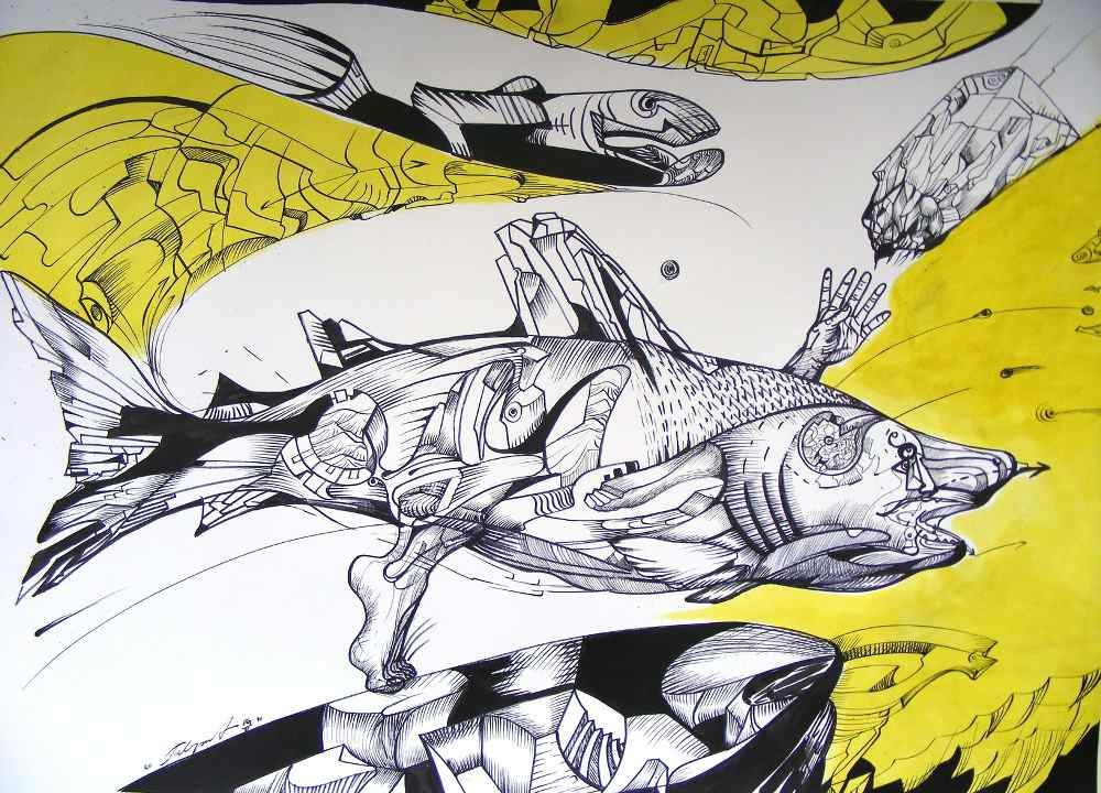 shark 1, ink and yellow acrylic on paper