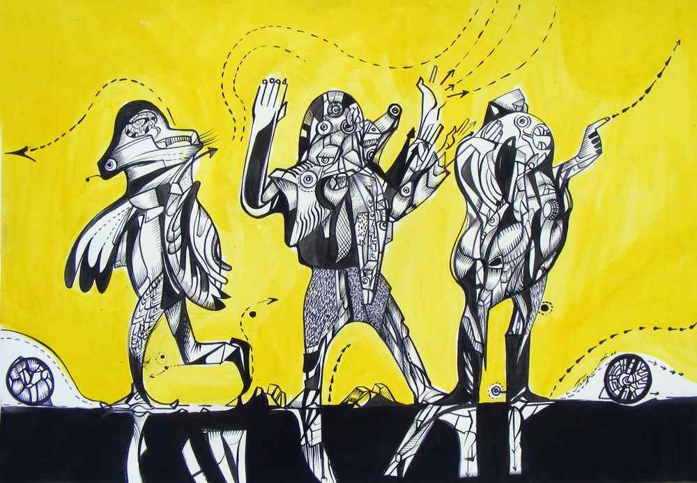 Strange people,ink on paper, black and yellow drawings