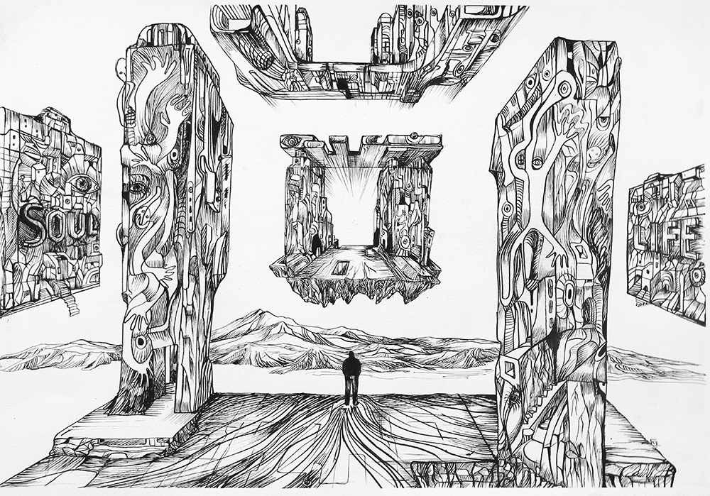 The Gate, ink drawing on paper by artist Marko Gavrilovic