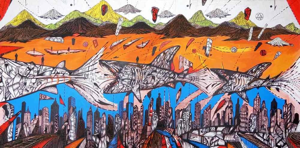The World of sharks, acrylic on canvas work by artist Marko Gavrilovic