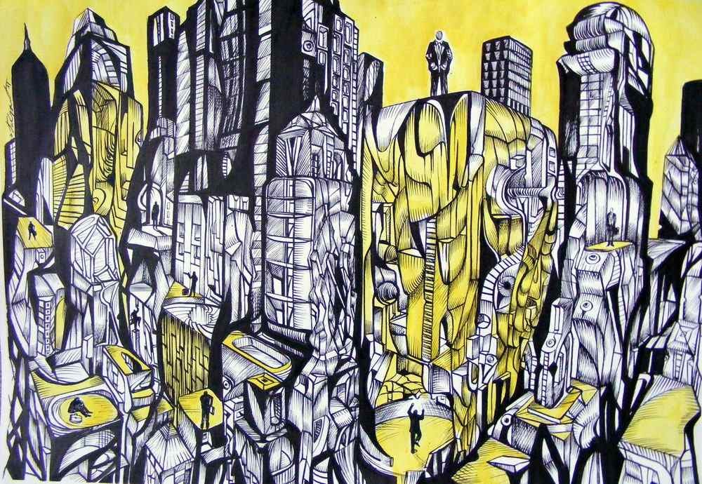 The city of men, acrylic drawing on canvas by artist Marko Gavrilovic