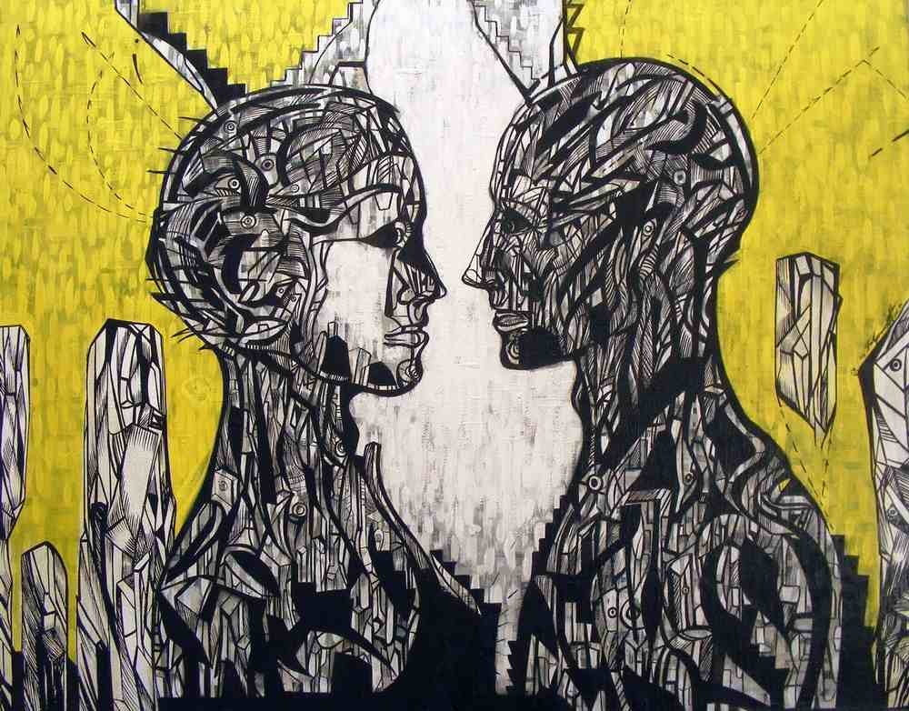 This is a painting of a couple looking at each other.