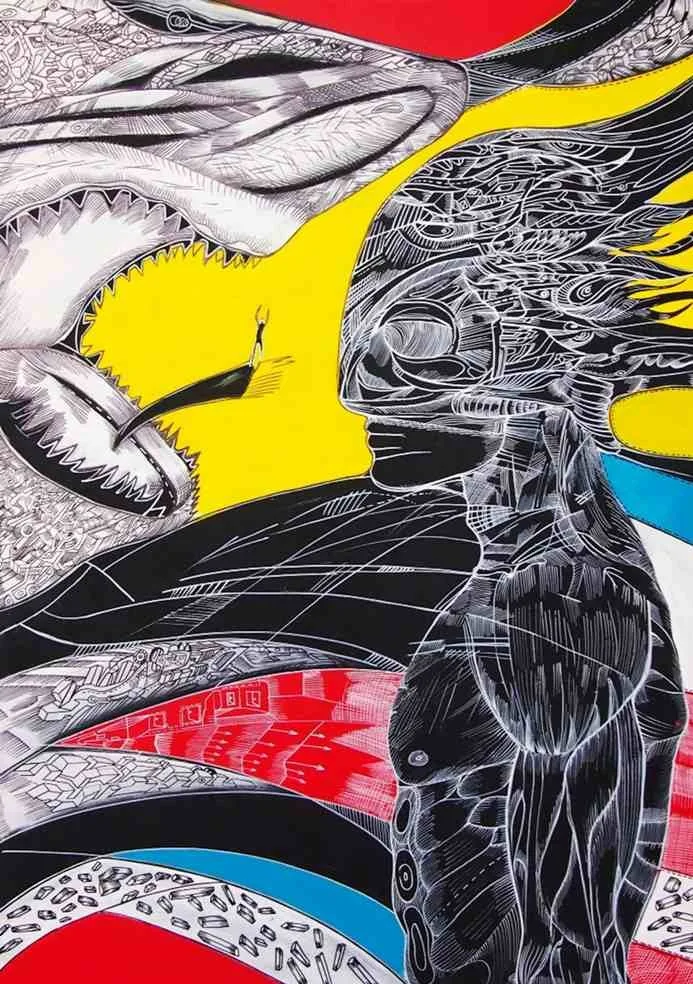 What is fear, is a painting of a man facing the big shark.