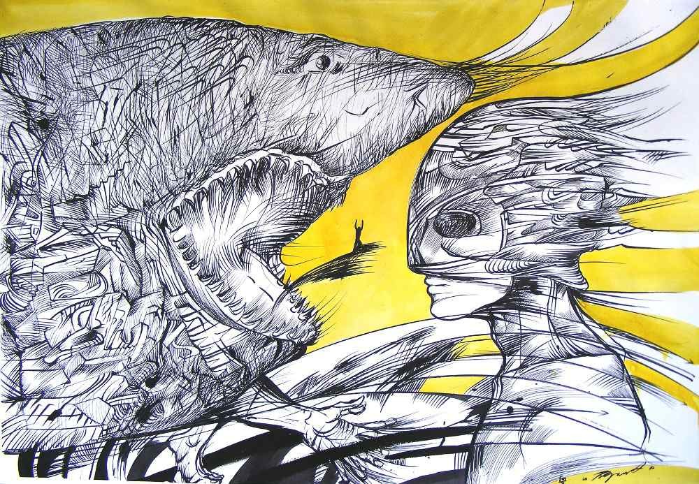 What is fear, ink drawing of a man facing a big shark