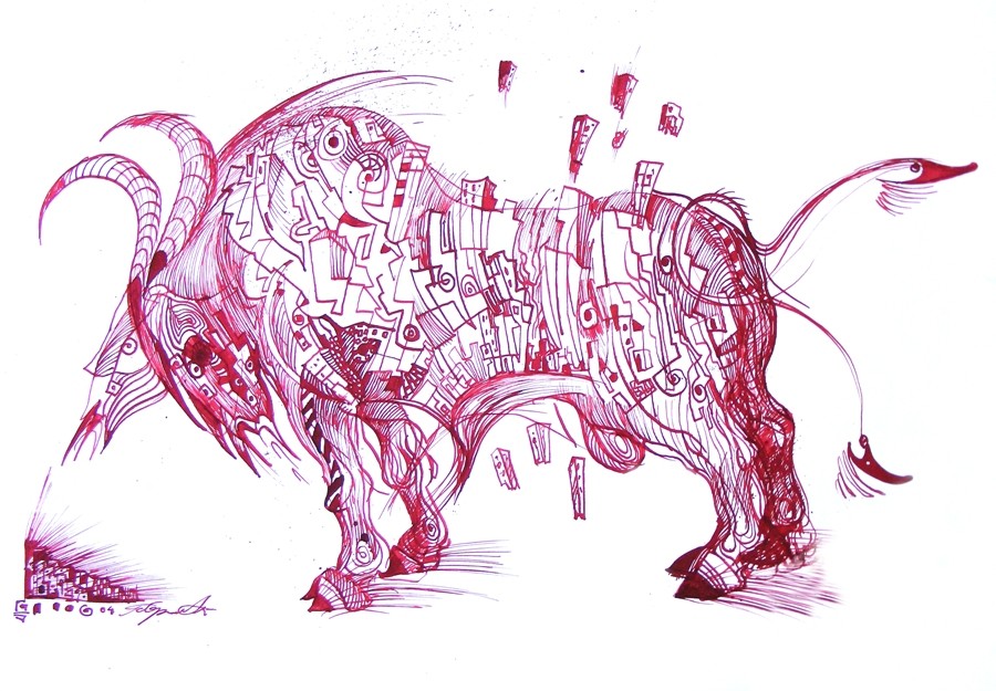 Symbiosis is a bull drawing on paper made with red ink
