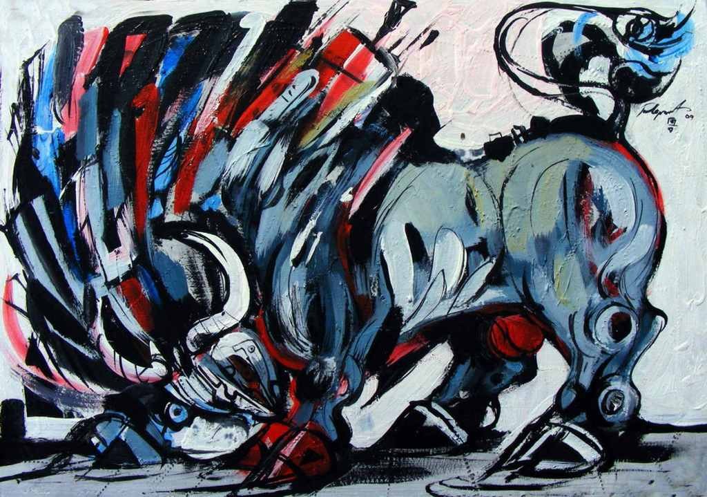 Against the wind is a bull painting 