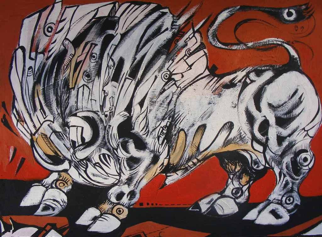 Against the wind is a white bull painted in acryilic 