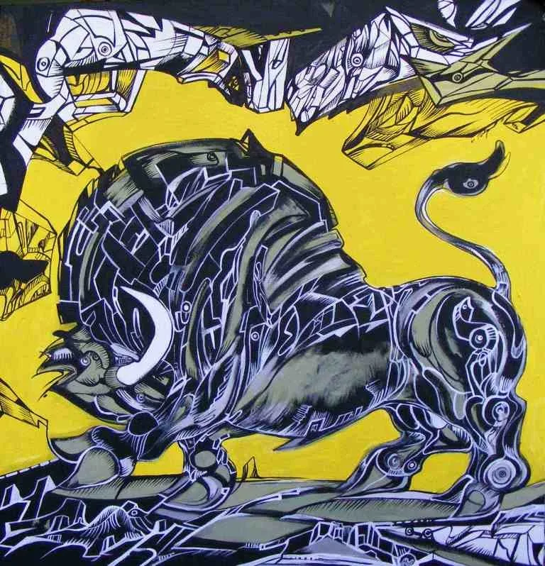 Black and powerful bull on a yellow background, bull painting 1