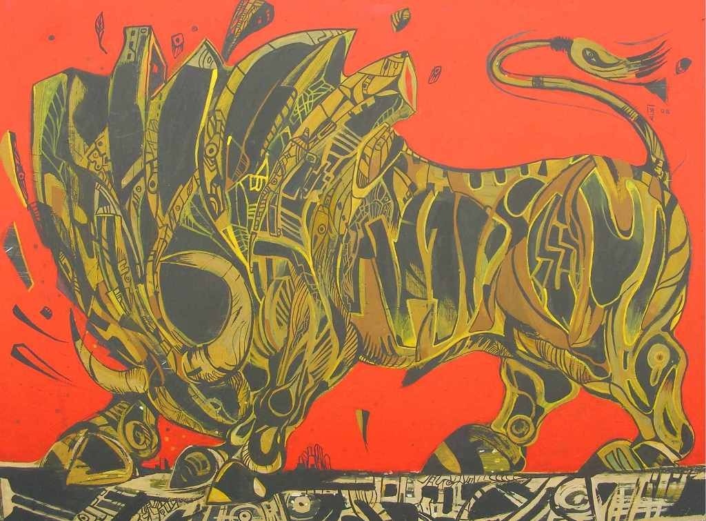 Black yellow bull painting on red.