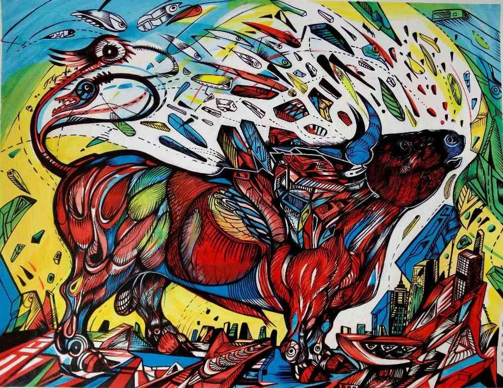 This is a painting of a red bull 