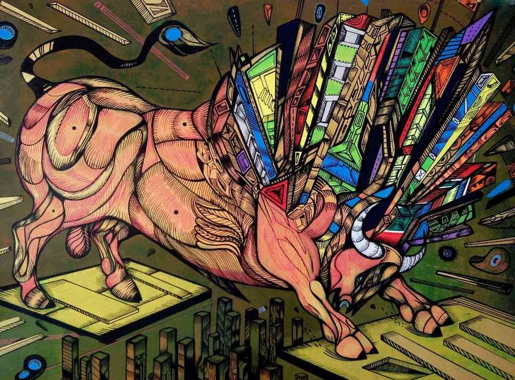 Fly sky is a painting of an orange bull