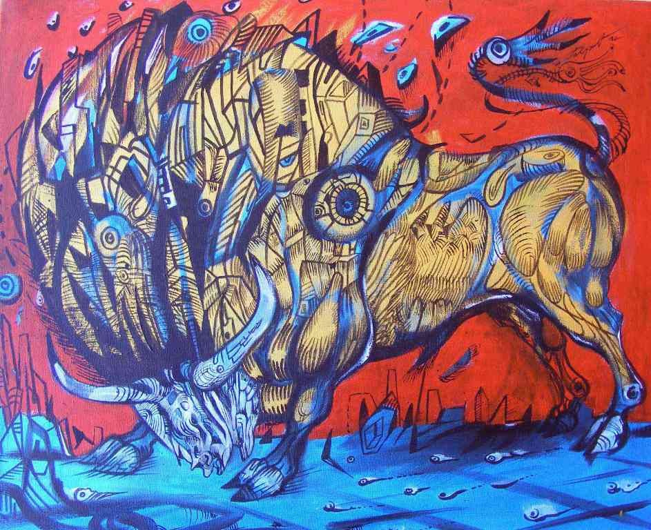 Golden blue is a bull painting on canvas 