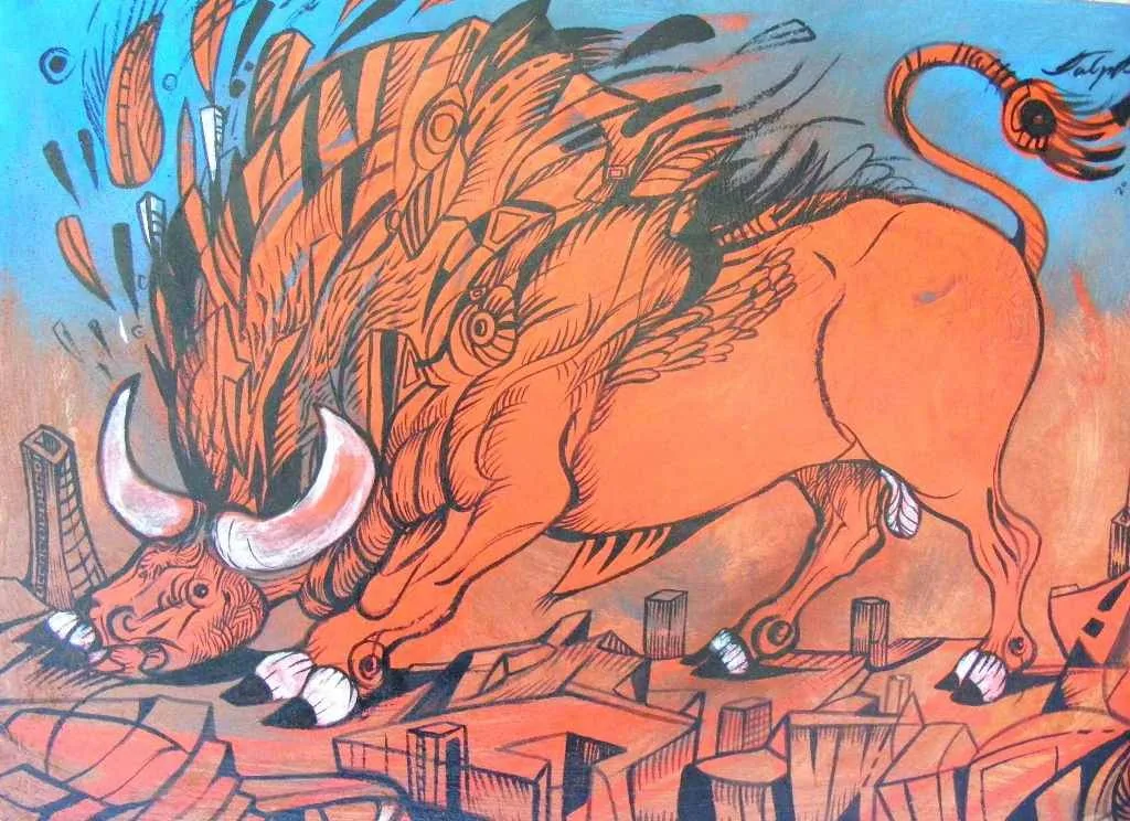 Bull that looks like a lion is presented on this bull painting.