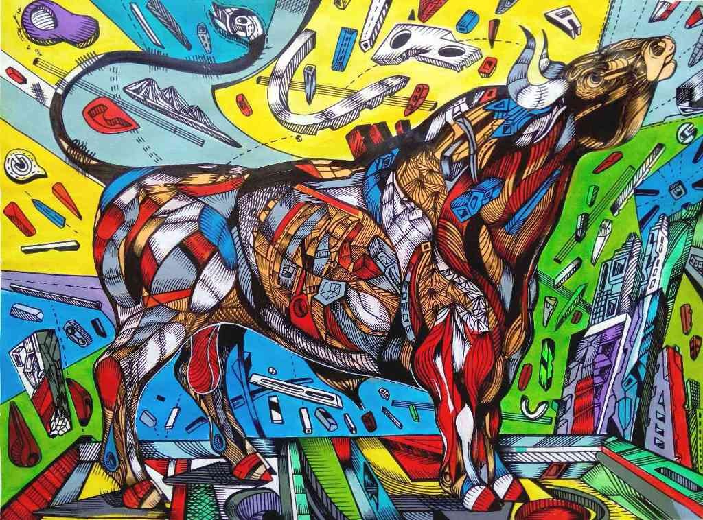 Momentum is a painting of a Spanish bull.
