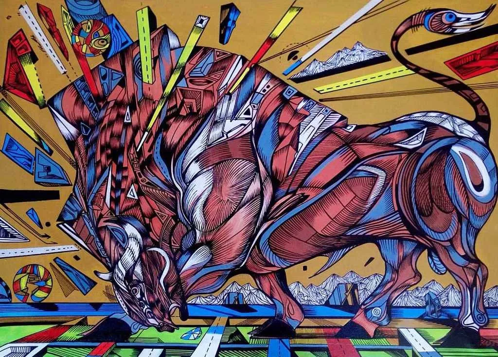 Bull painting on canvas of a bronze bull