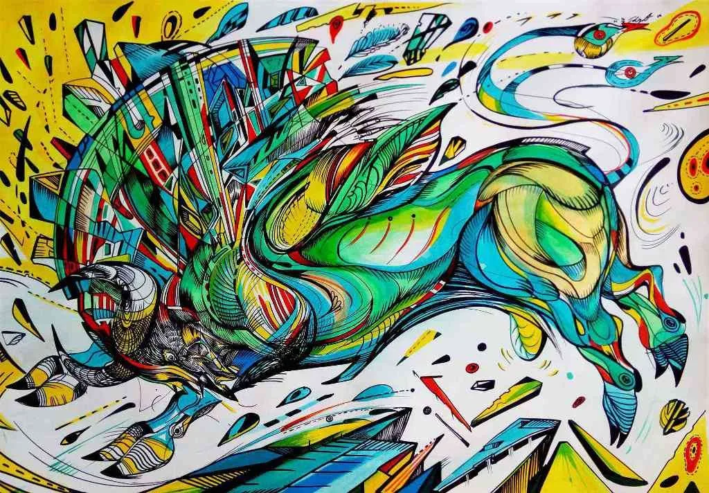 Green bull made with acrylic on paper