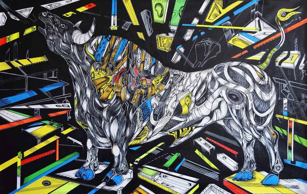 The Hero is a bull painting with abstract details