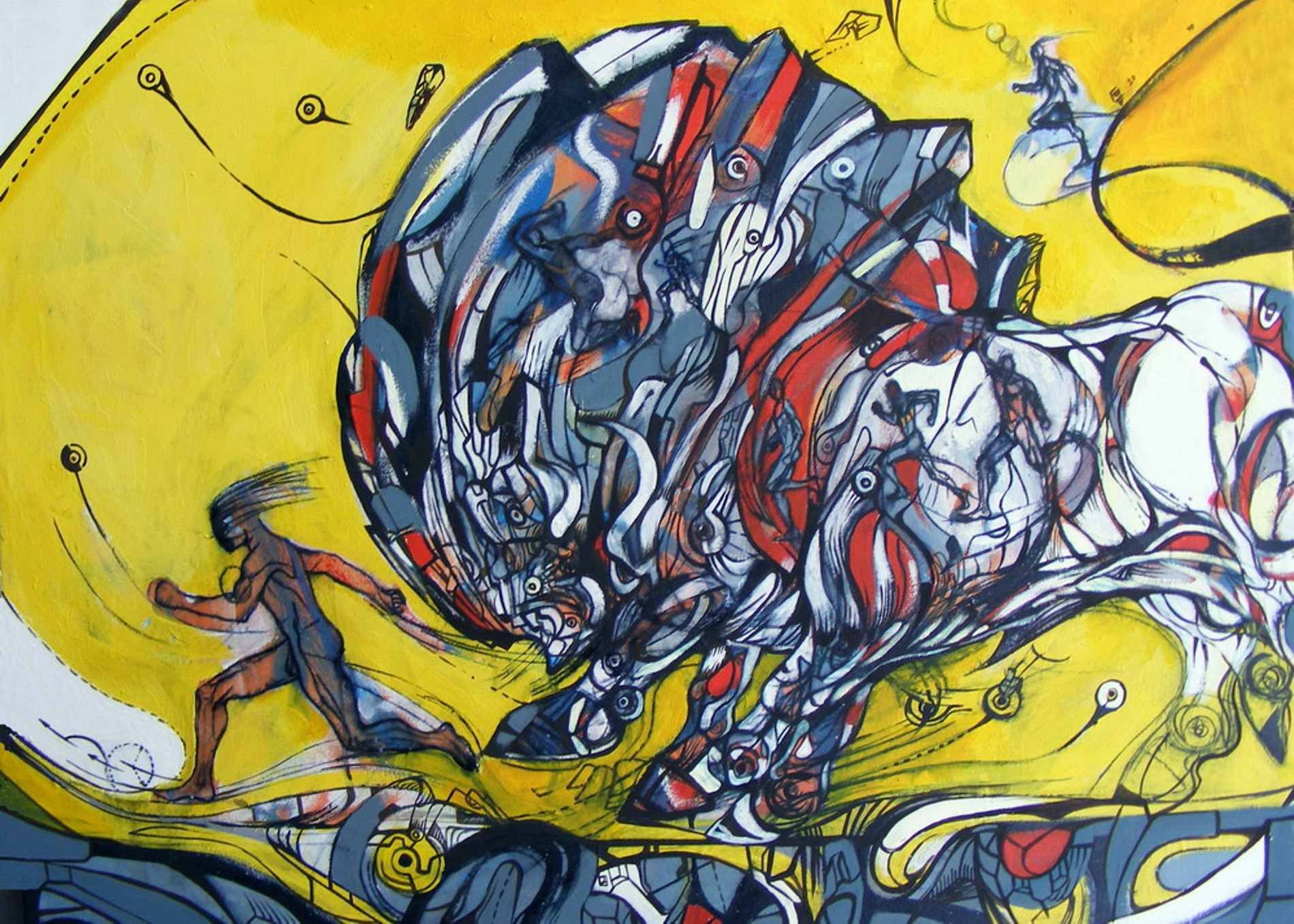 The unbeatable runner is a painting of a white runner chased by a big white bull.