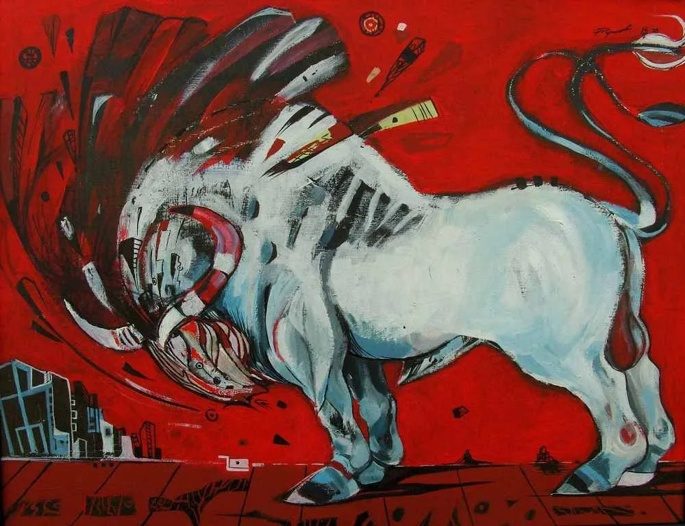 White bull on a red background