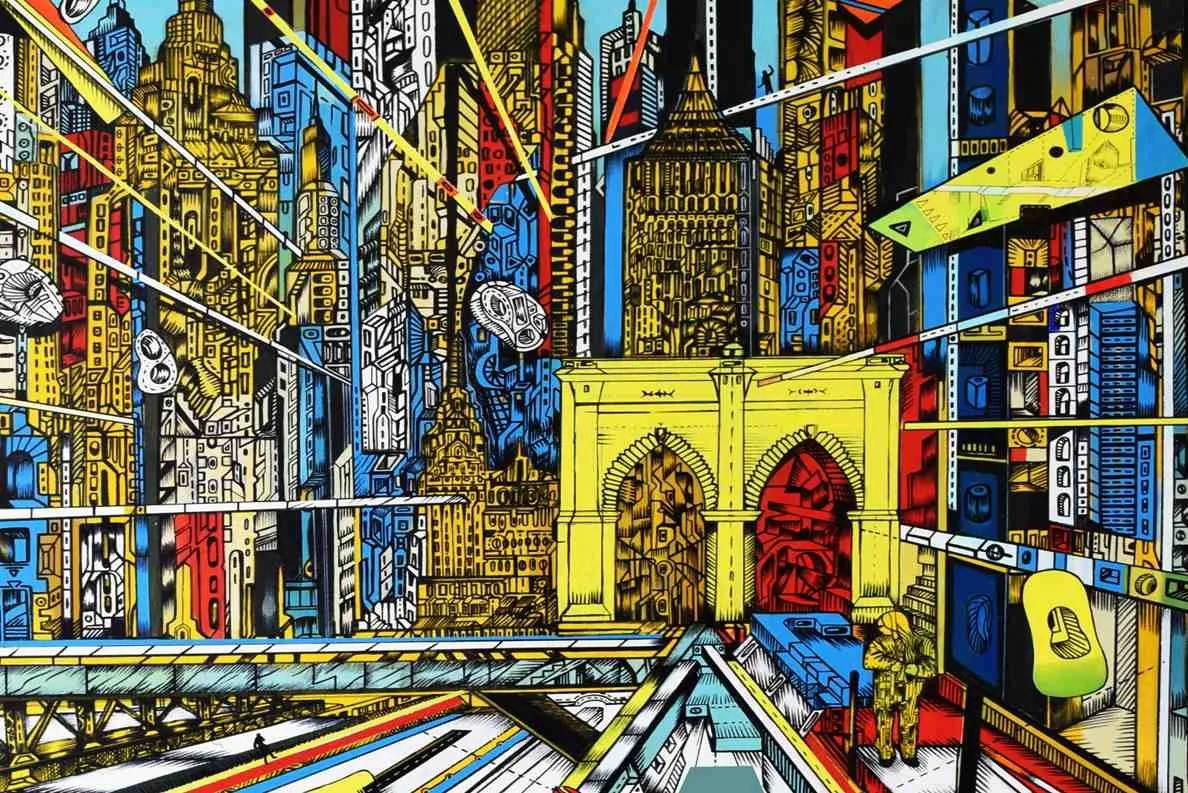 This is an acrylic painting of a city. 