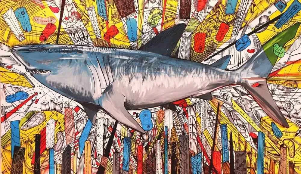 City Shark 6 is a shark painting on canvas made with acrylics on a Big board made for exhibition at EXPO Milan Italy by artist Marko Gavrilovic.