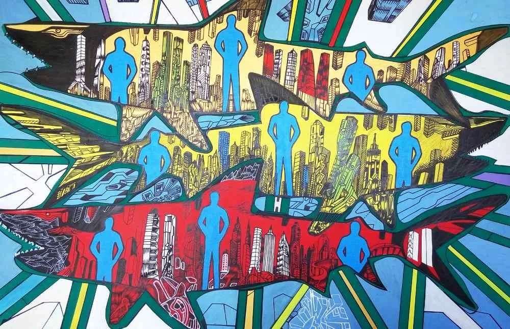 I am Following Shadows is an acrylic painting of three sharks that are intervened with blue human figures, symbolically connecting nature in us all. Art by Marko Gavrilovic