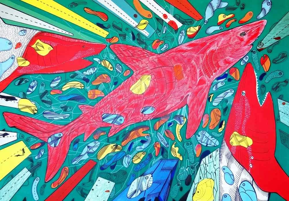 Meet the Underwater Red is a shark painting, in a technique acrylic on board, where you can see one red shark and two half-red sharks traveling through the green depths. 