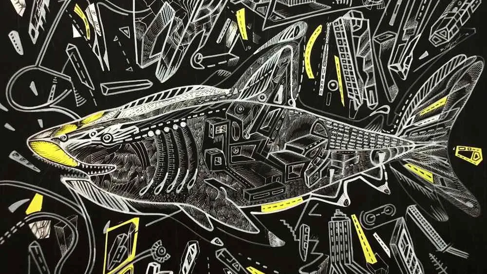 Predatory Cruise is a shark painting from the White on black series. The work is made on board with acrylics. The author is artist Marko Gavrilovic. 