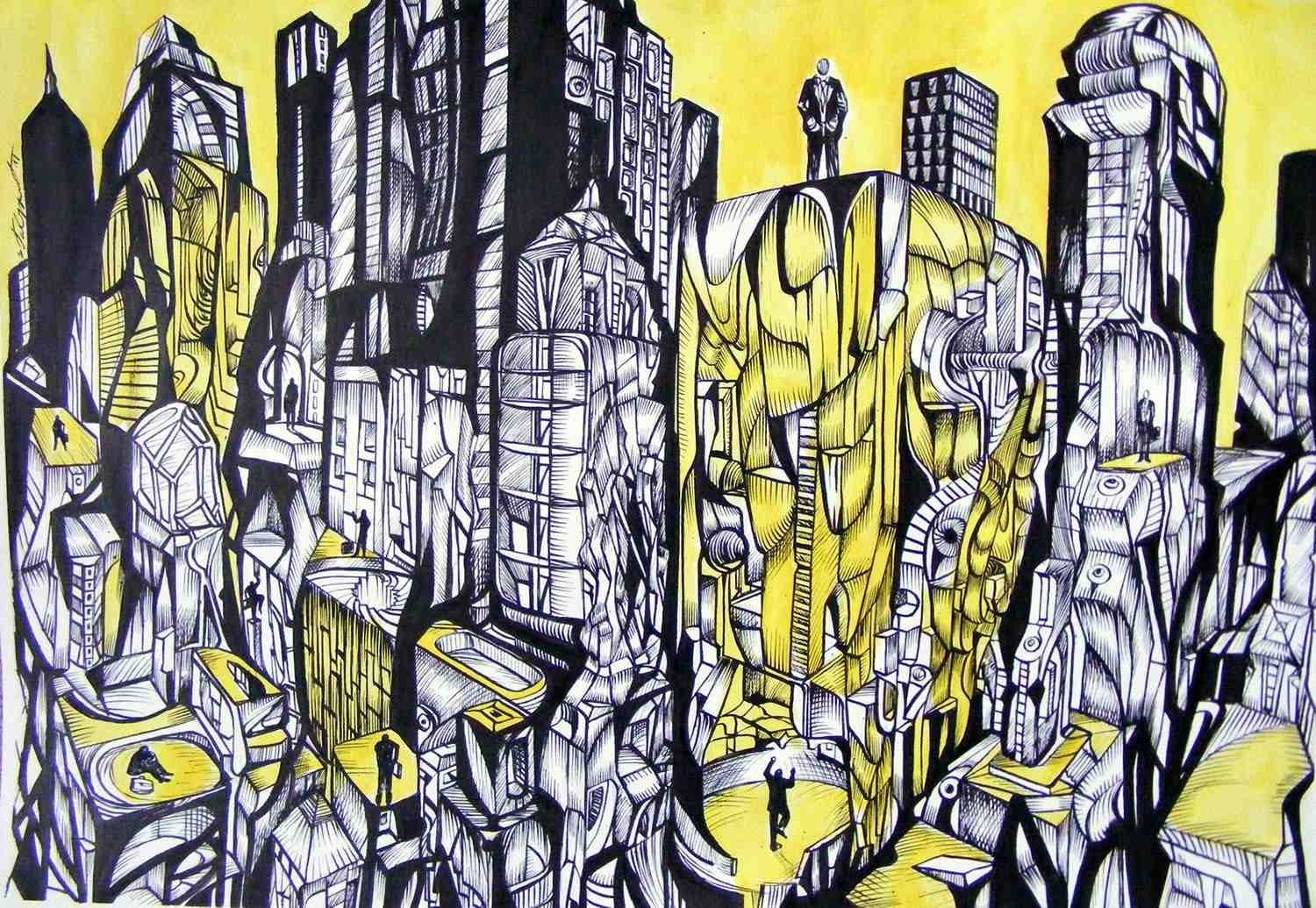 The city of men, acrylic drawing on canvas by artist Marko Gavrilovic.