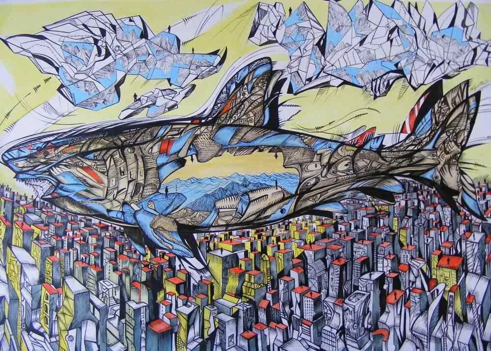 There is an Endless Sea inside, acrylic on paper, shark painting