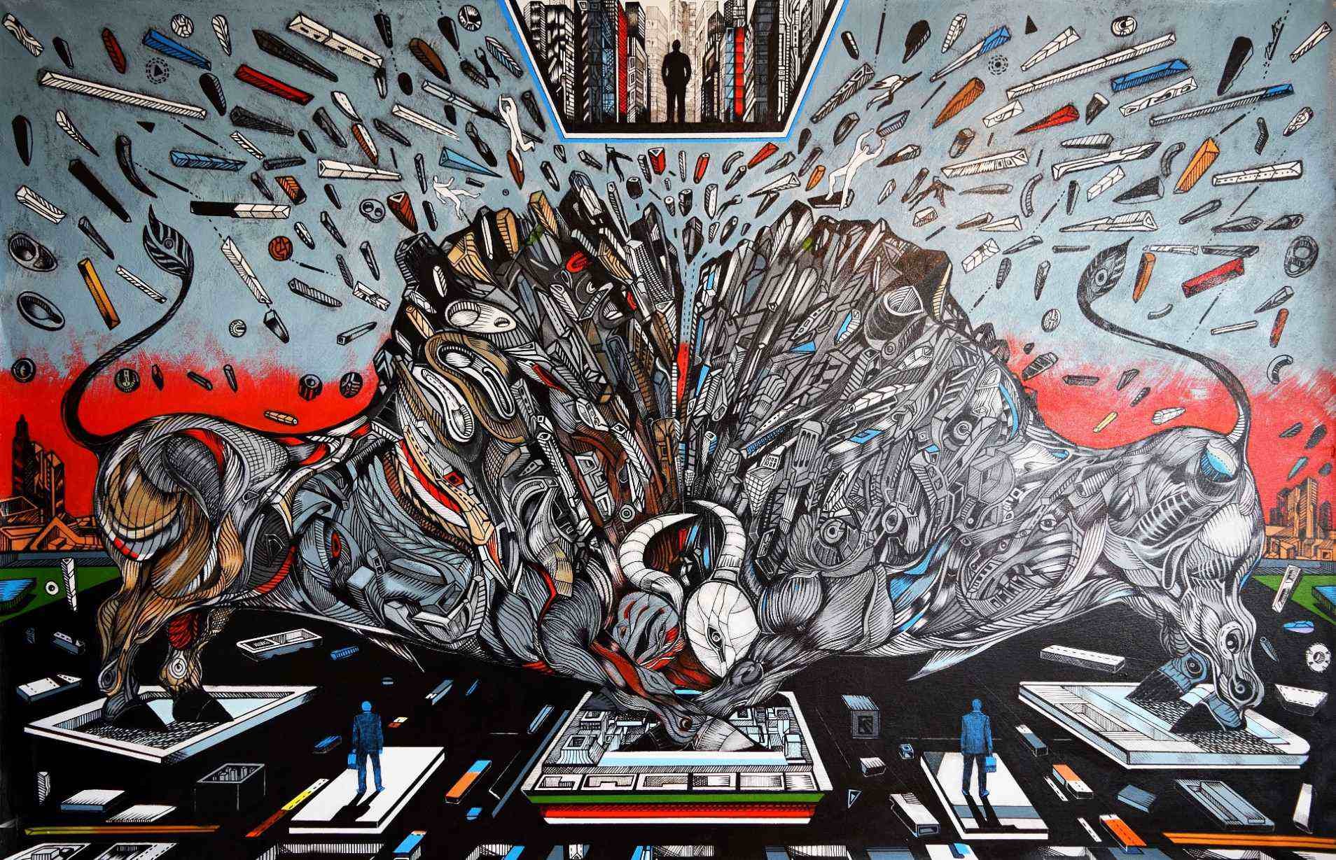 Titans is a painting that represents two bulls that are keeping the gate to success from the bullfighting paintings series