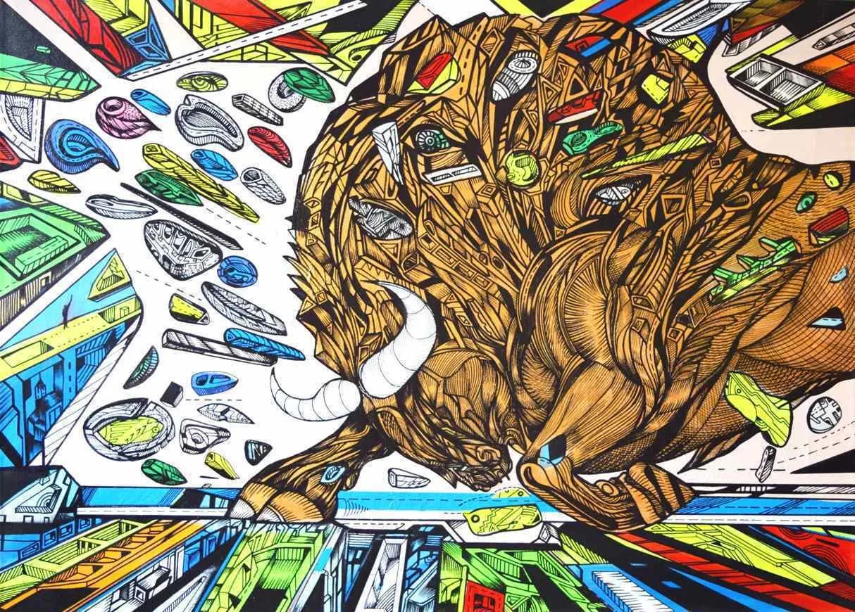Bull power shown on a painting of a Golden Bull in run, artwork by artist Marko Gavrilovic