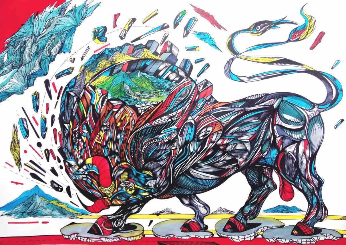 A bull in a shape of a mountain. This is a bull painting by the name Mountain Fury, artist Marko Gavrilovic