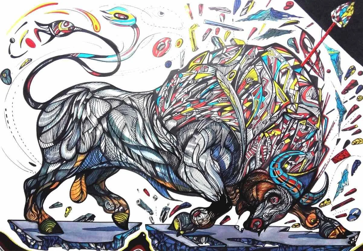 Runner 6, acrylic on paper, 70 x 100 cm, a buyll painting on paper, artwork by artist Marko Gavrilovic