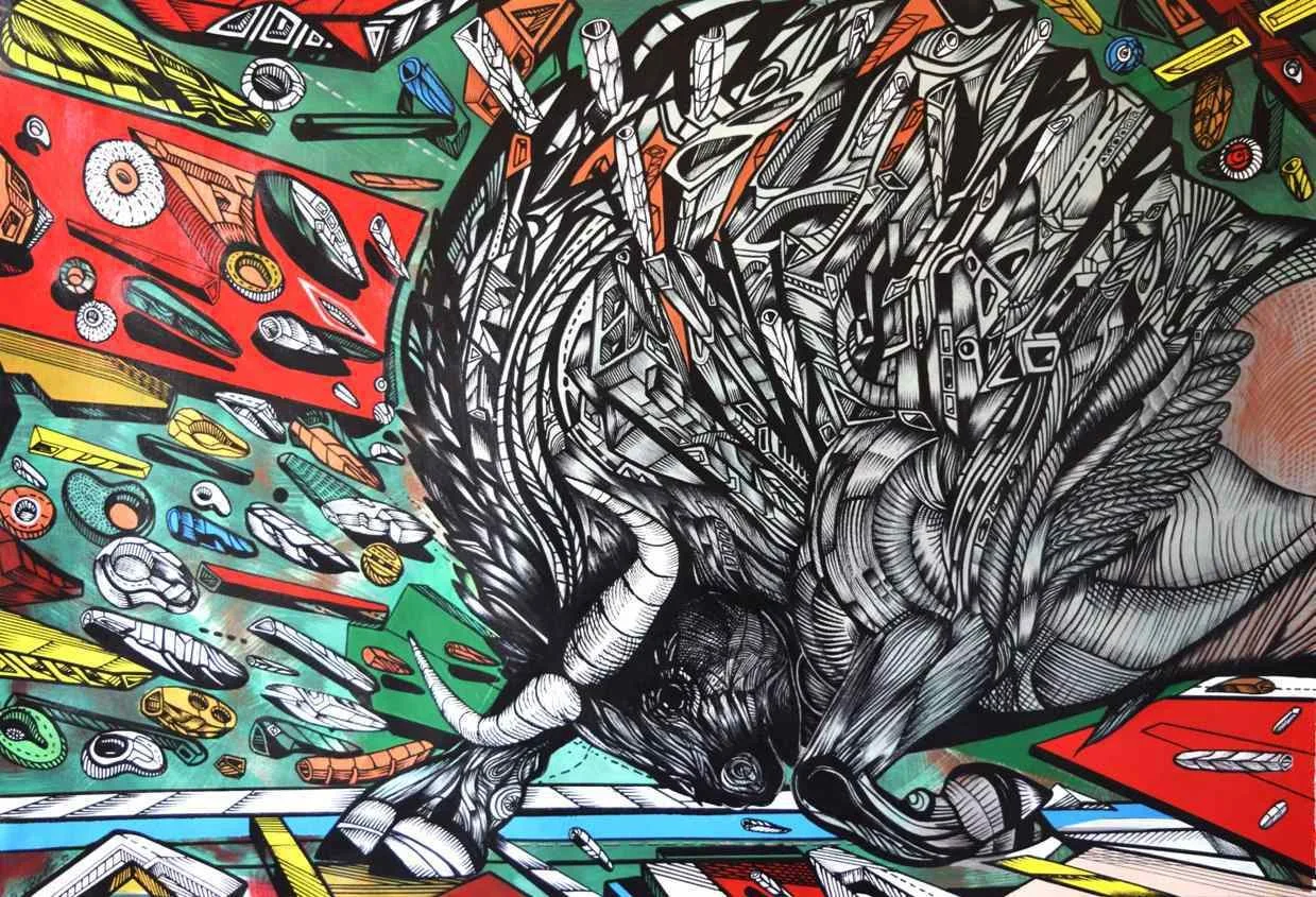 Bull painting, technique acrylic on canvas, name Silver Runner, artwork by Marko Gavrilovic