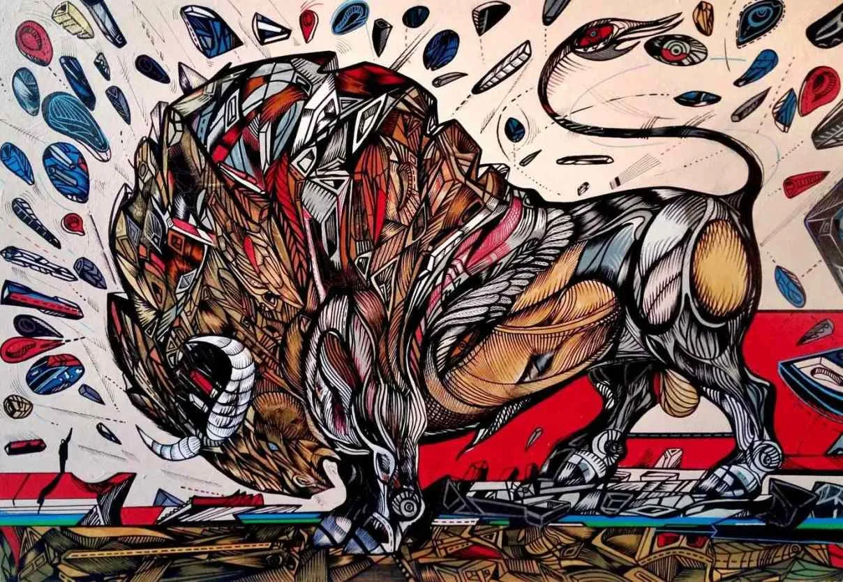 Taking a pause, bull painting on board, artwork by artist Marko Gavrilovic