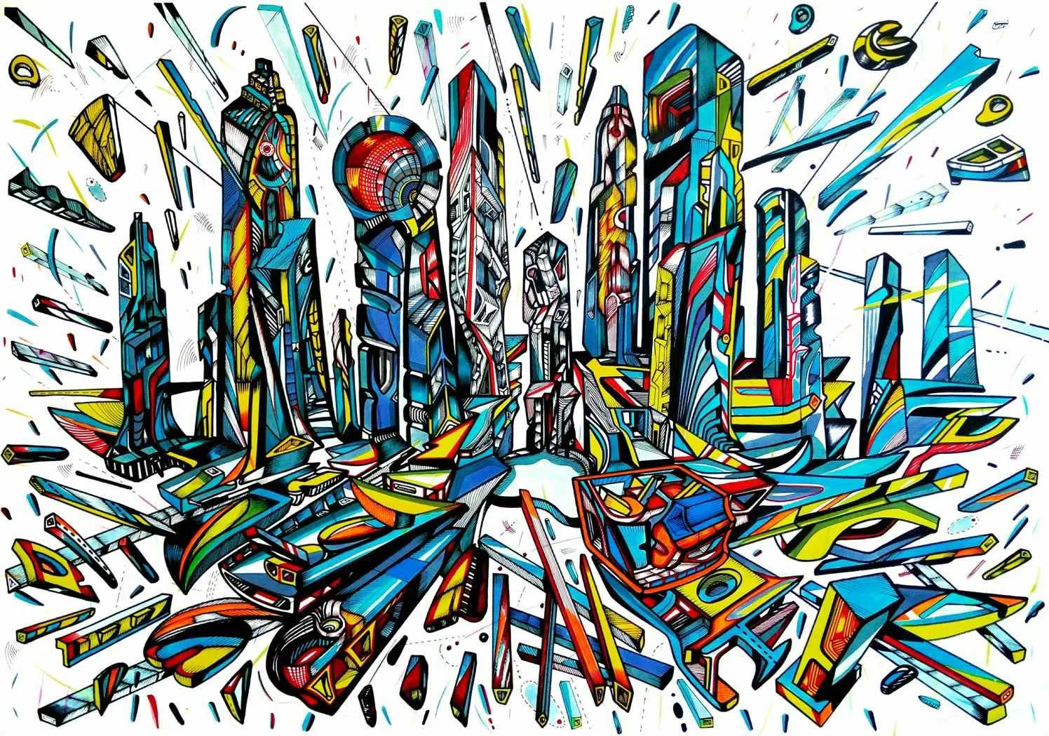 Blue city is on the move, acrylic and ink on paper, artist Marko Gavrilovic