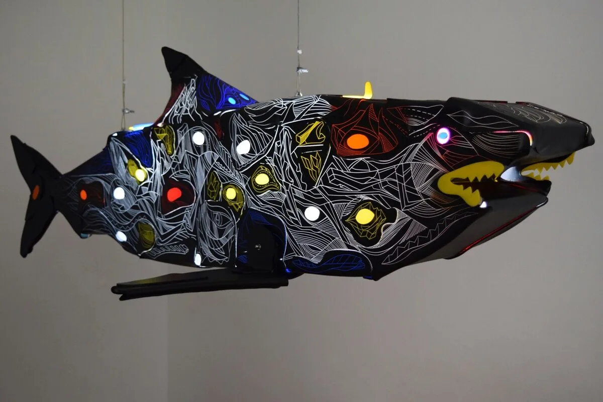primal shark, black shark, light sculpture