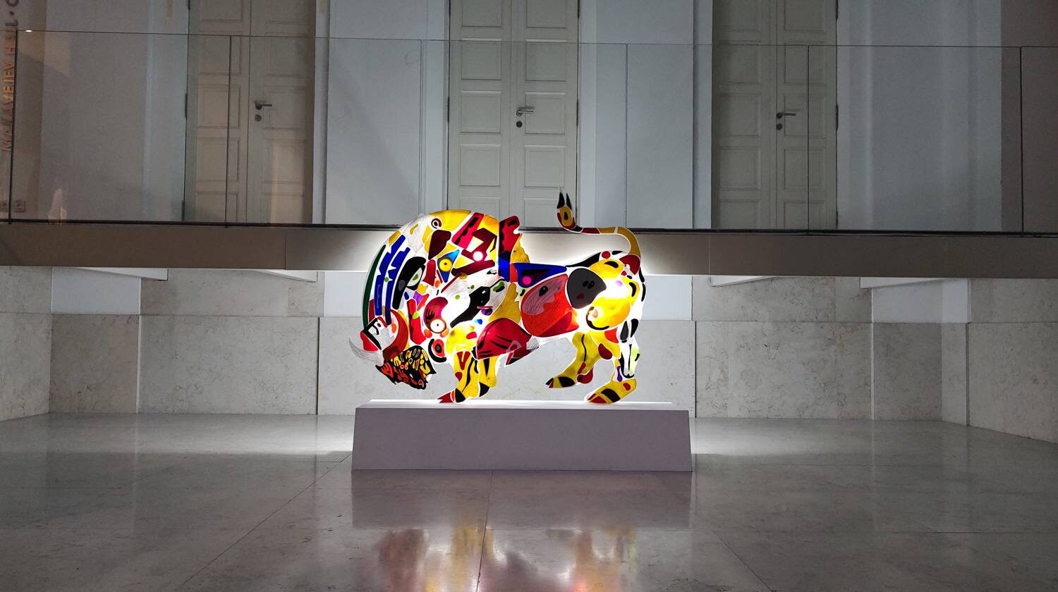 Infinity Bull, light bull sculpture made from Plexiglas at Kinoteka by Marko Gavrilovic