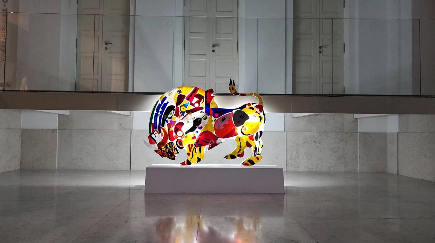 Infinity Bull, illuminated bull sculpture made from Plexiglas at Kinoteka by Marko Gavrilovic